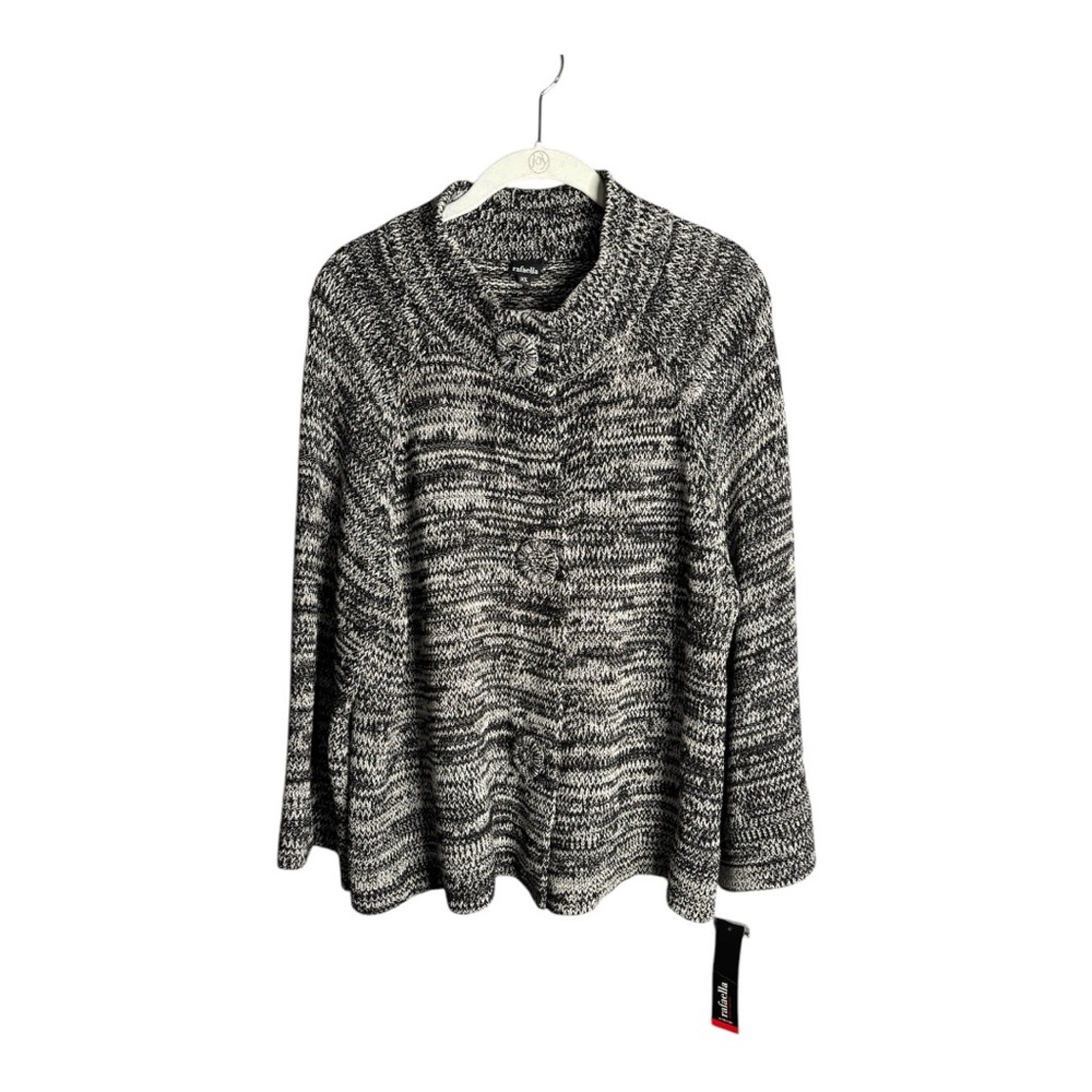 Rafaella Black White Marled Sweater Large Front Snaps & High Neck 3x